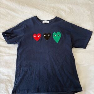 Comme des Garçons PLAY Navy Tee with Red, Black & Green Heart Patches